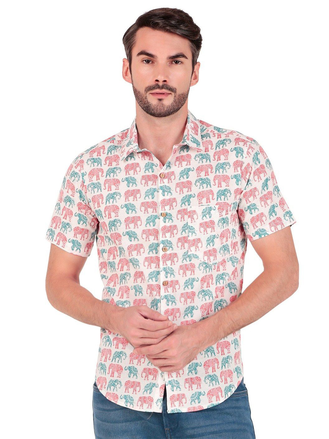FAADDICTION Men Regular Fit Elephant Printed Cotton Casual Shirt