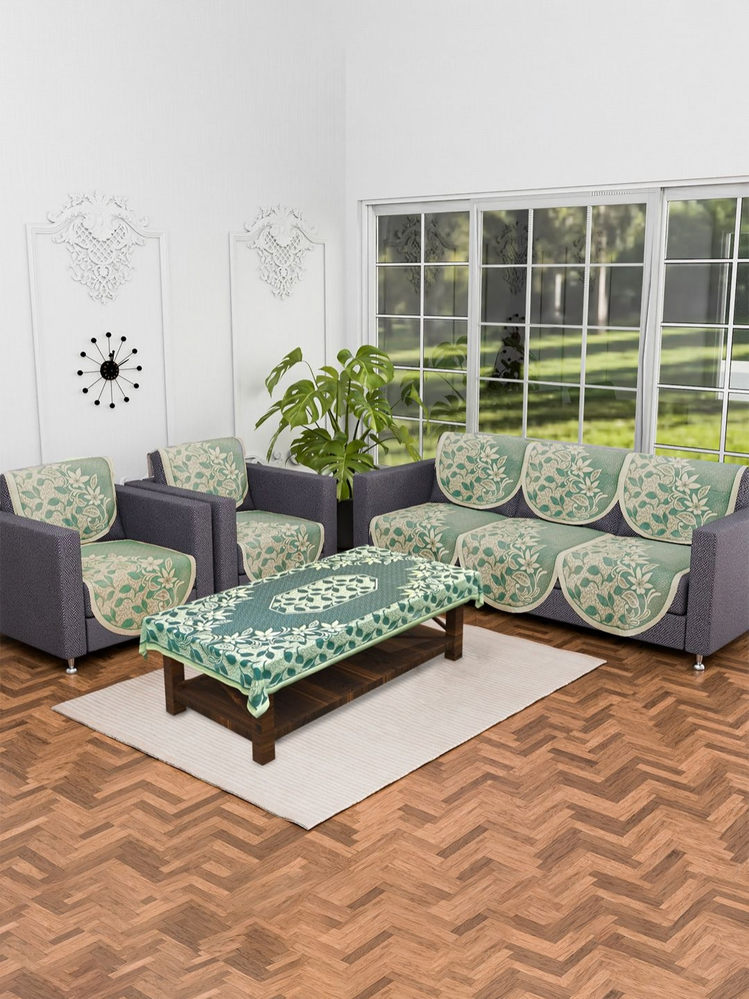 Myntra Elegant Homes Blue 11 Pcs Printed Cotton 5 Seater Sofa & Center Table Cover