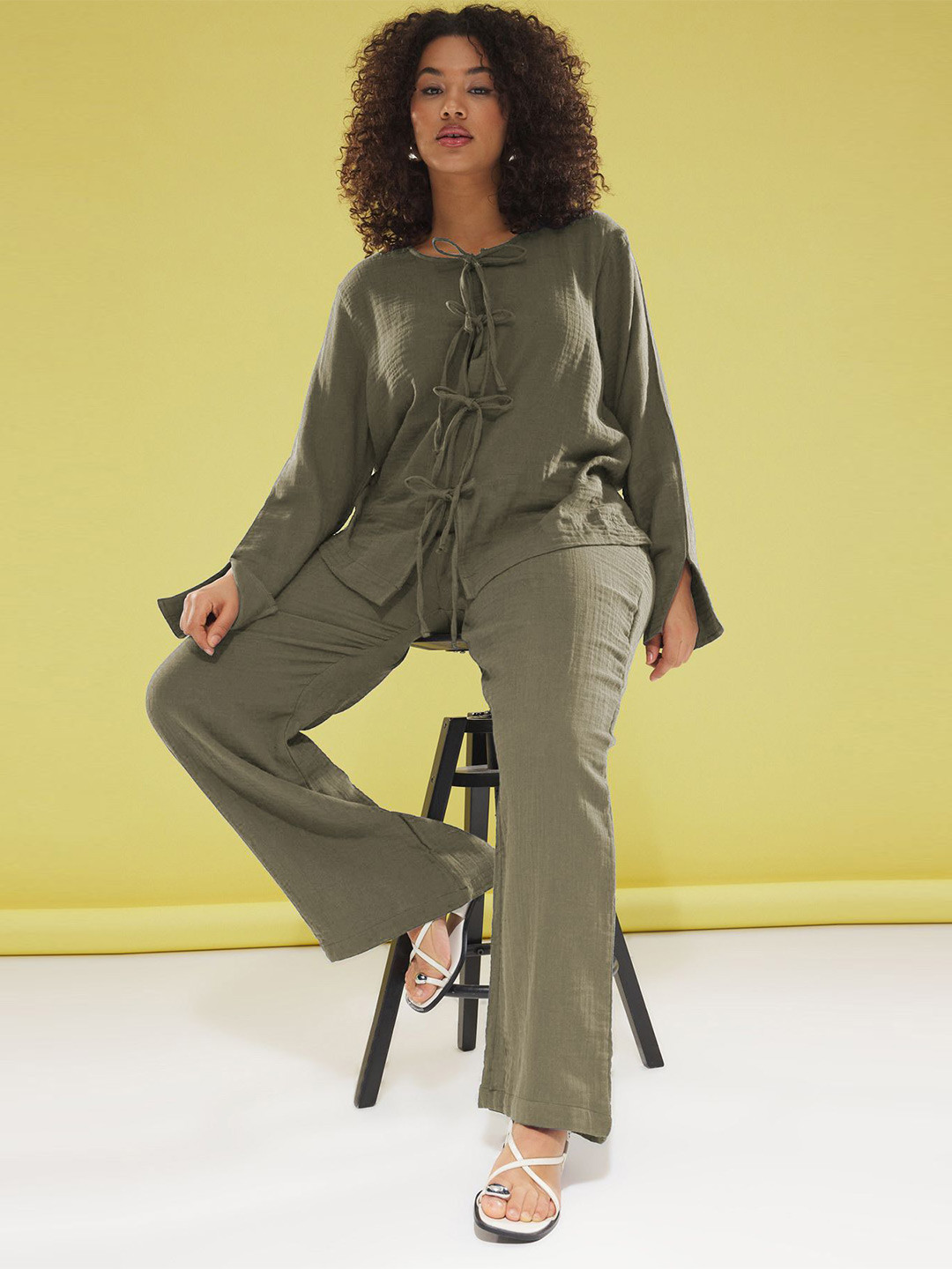 Trendyol Haki Pure Cotton Round Neck Top With Trousers