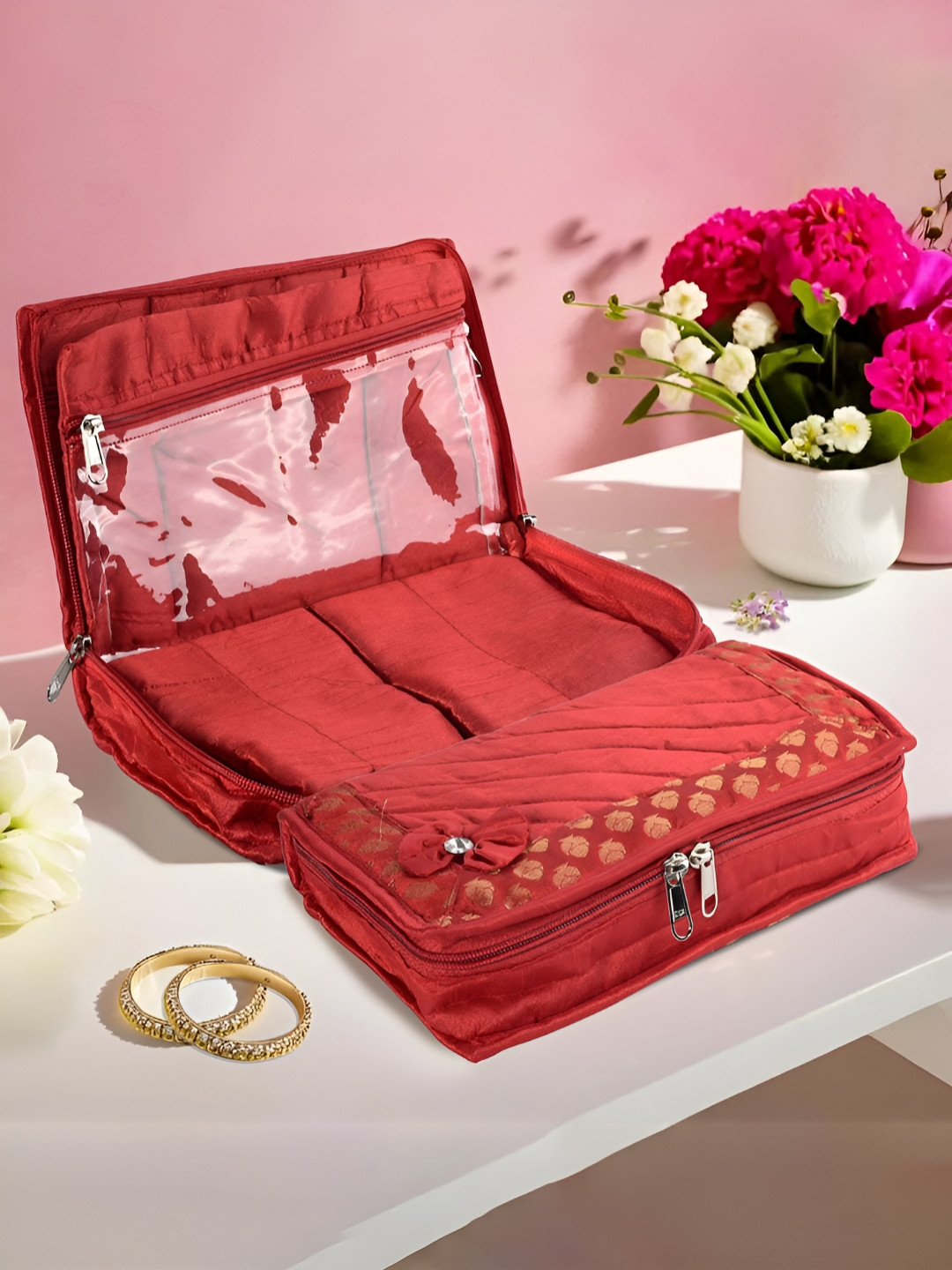 Aura Red and Gold-Toned 2 Pieces Printed 7-Compartments Bow Jewellery Organisers