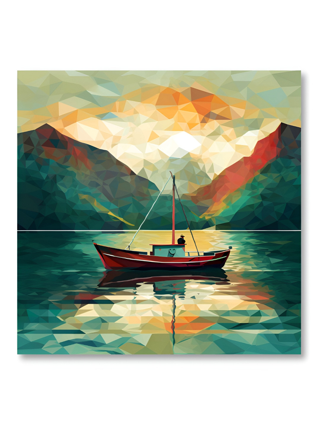 Aura Green & Red Boat Printed Canvas Wall Painting