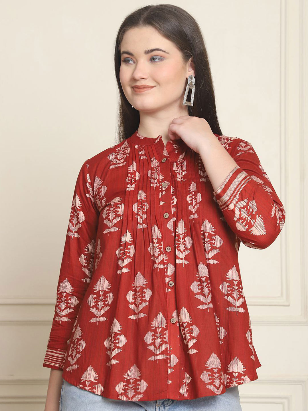 Frempy Women Mandarin Collar Organic Cotton Shirt Style Top