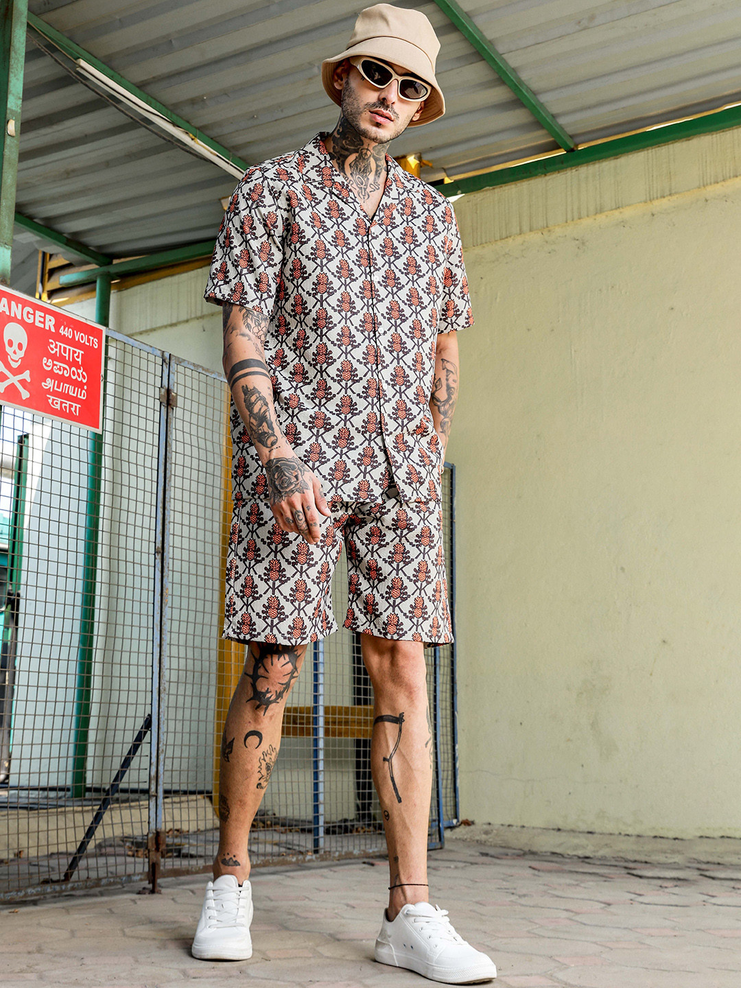 House of Koala Unisex Textured Printed Cuban Collar Resort Shirt & Shorts Co-ord Set