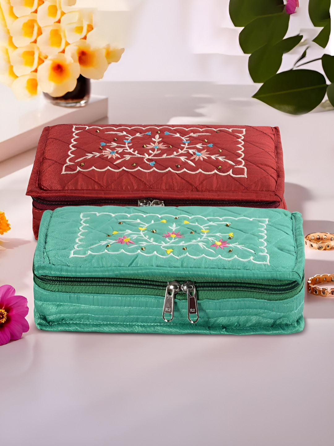 Aura Maroon and Green 2 Pieces Embroidered 7-Compartments Jewellery Organisers