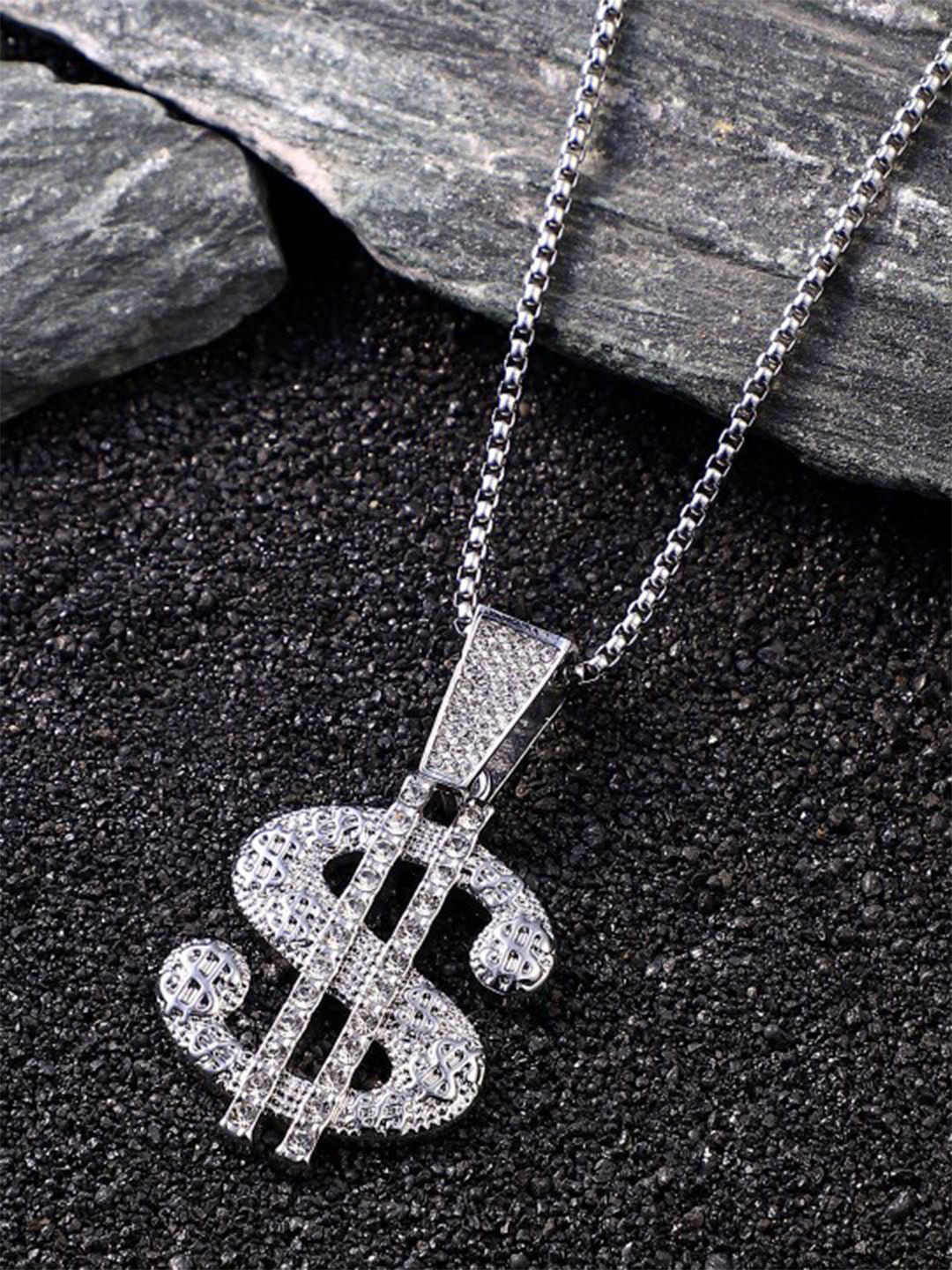 FIMBUL Men Silver Plated Artificial Stones Studded Dollar Charm Hip Hop Pendant With Chain