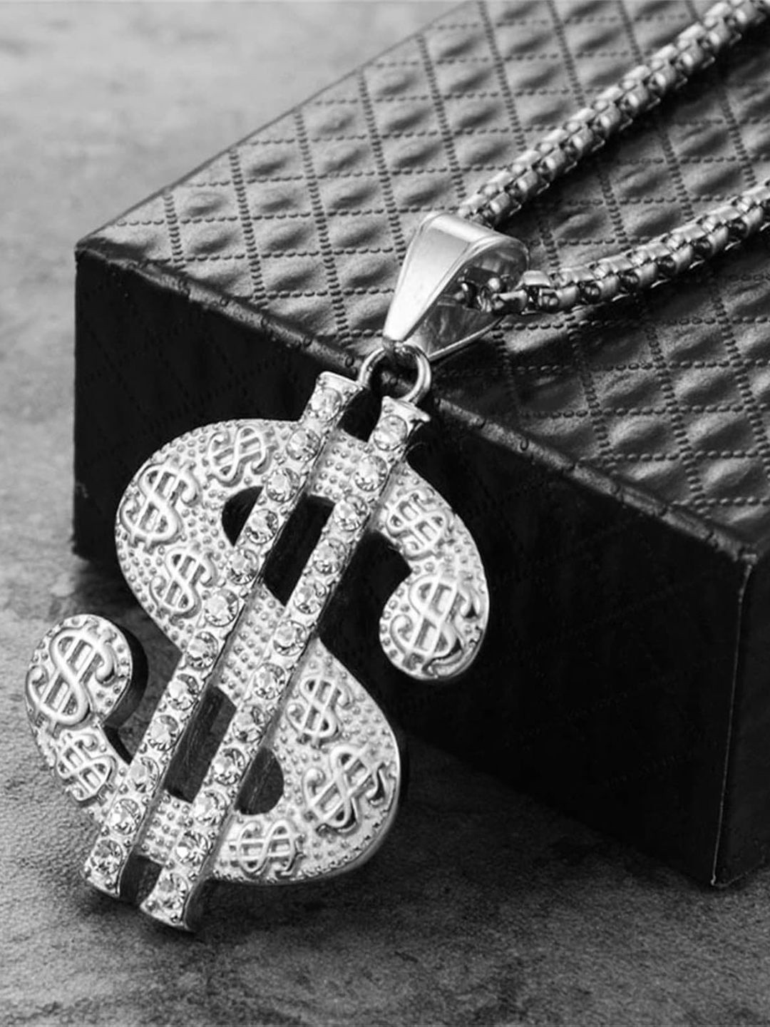 FIMBUL Men Silver Plated Artificial Stones Studded Dollar Charm Hip Hop Pendant With Chain