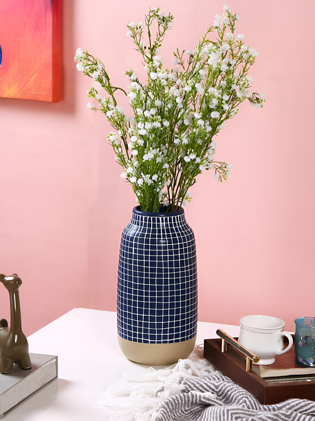 TAYHAA Modern Blue & White Grid-Designed Ceramic Flower Vase