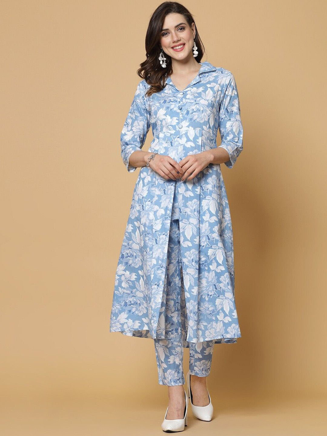 BAIRAJ Floral Printed Shirt Collar High Slit Pure Cotton A-Line Kurta With Trousers