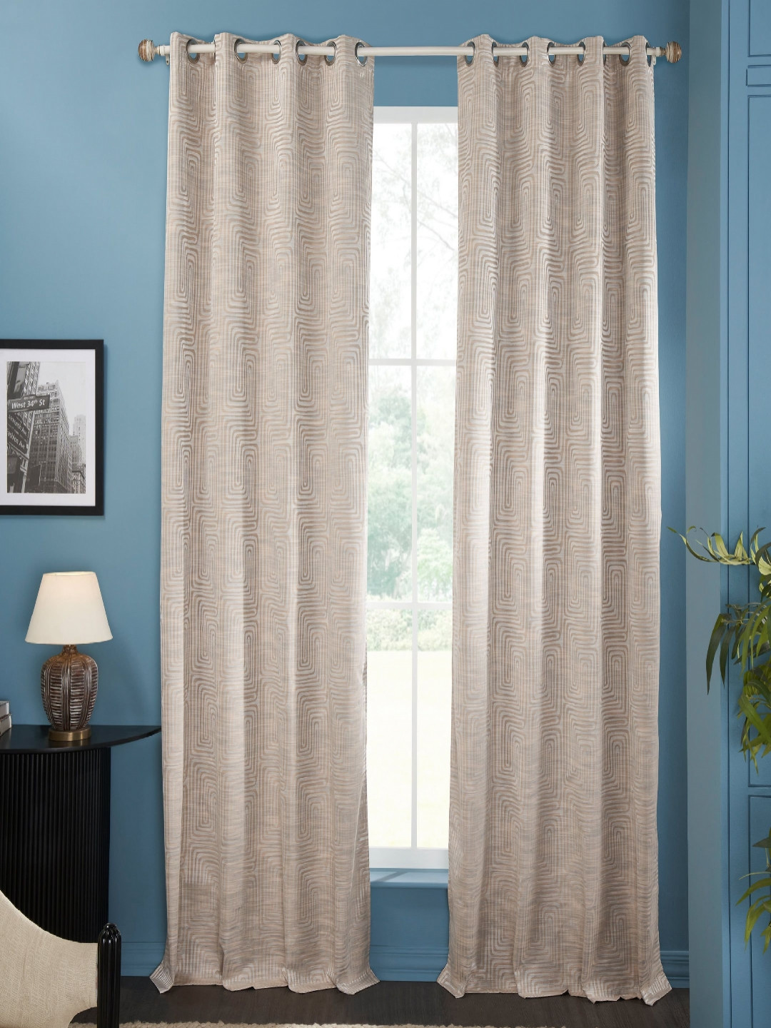Deco Window Orange & Off White 2 Pieces Printed Black Out Long Door Curtain