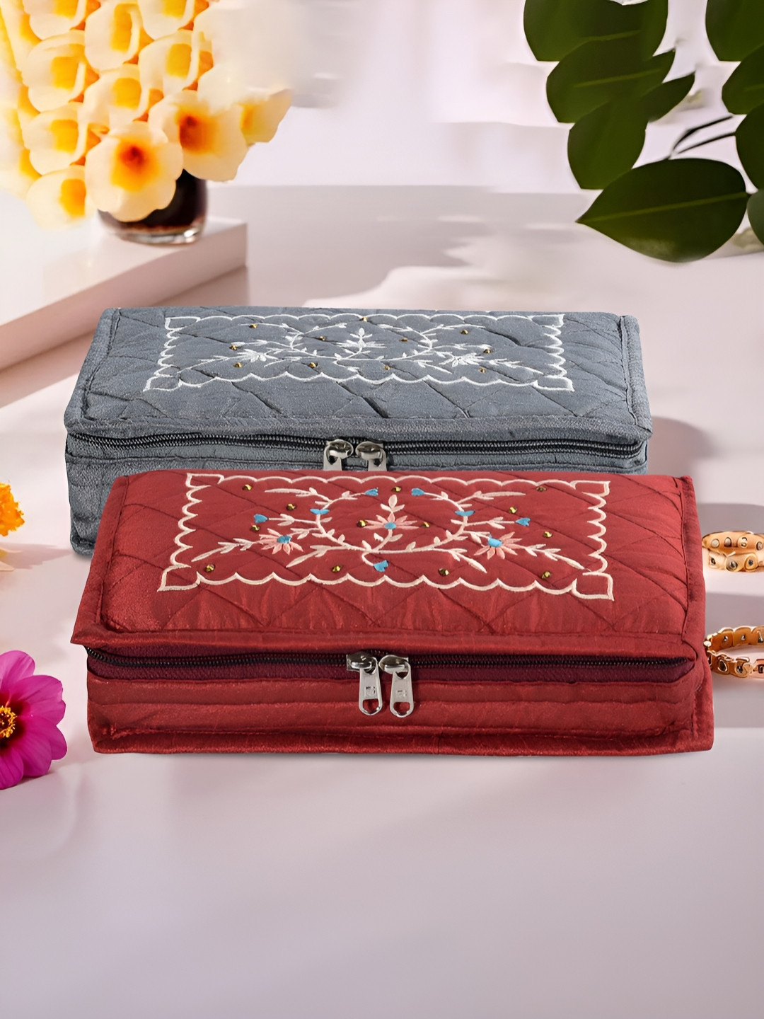 Aura Grey and Maroon 2 Pieces Embroidered 7-Compartments Jewellery Organisers
