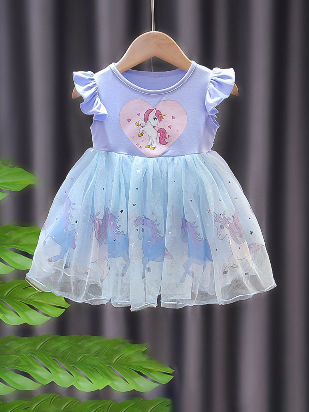 YK Girls Cotton Tulle Printed Flutter Sleeve Fit & Flare Dress