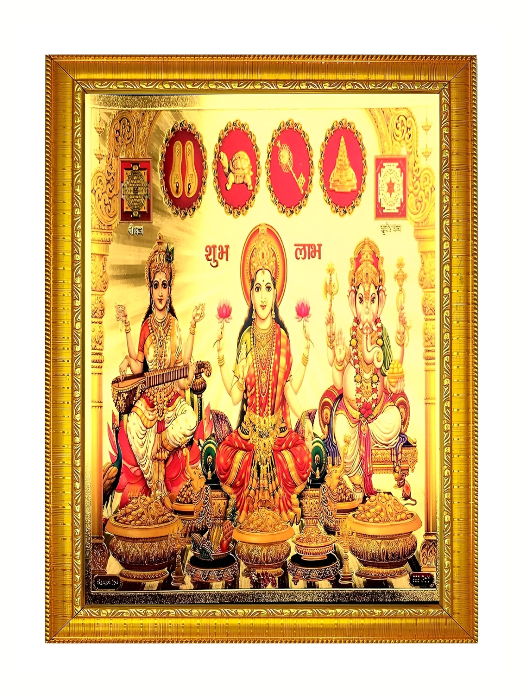 ADA Handicraft Gold-Toned & Red Maa Lakshmi Ganesh & Maa Saraswati Wooden Wall Photo Frame