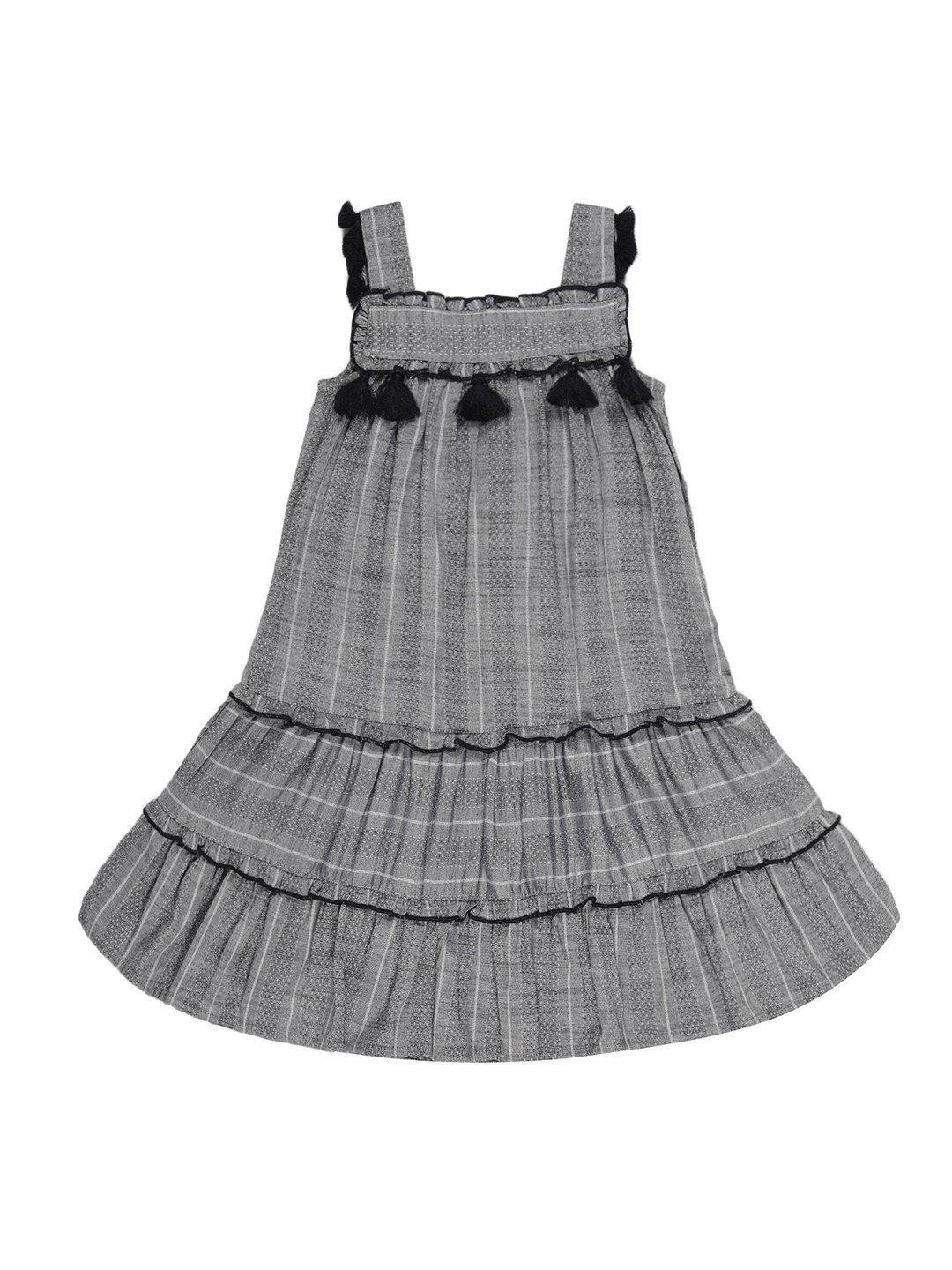 YOUNG BIRDS Girl Striped Tassels Ruffles Tiered A-Line Dress