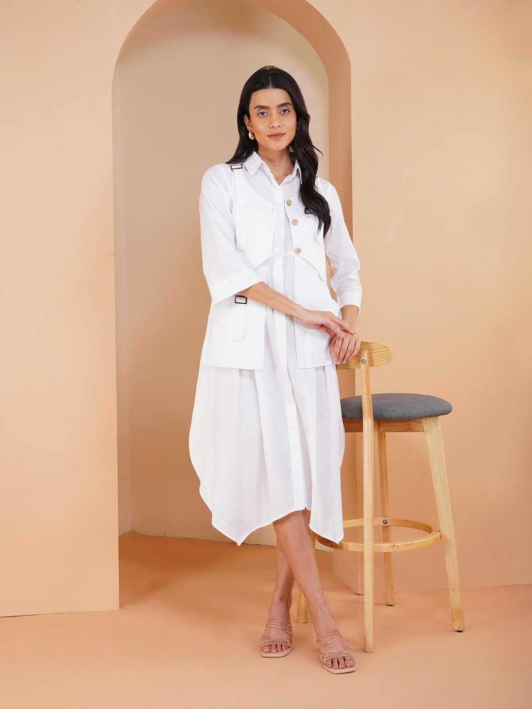 Stitchinc Women Buckleup White Dress With Waistcoat