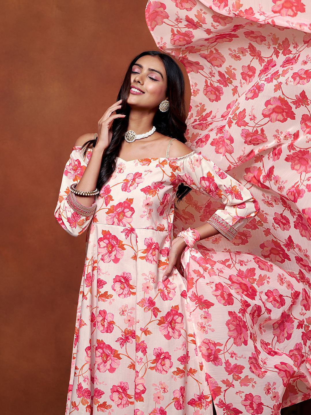 Sangria Floral Printed Off Shoulder Anarkali Kurta With Trousers And Dupatta