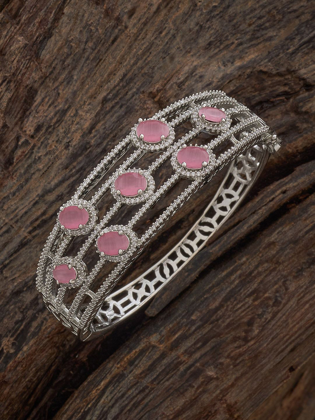Kushal's Fashion Jewellery Pink Rhodium-Plated Cubic Zirconia Stone Studded Kada Bangle