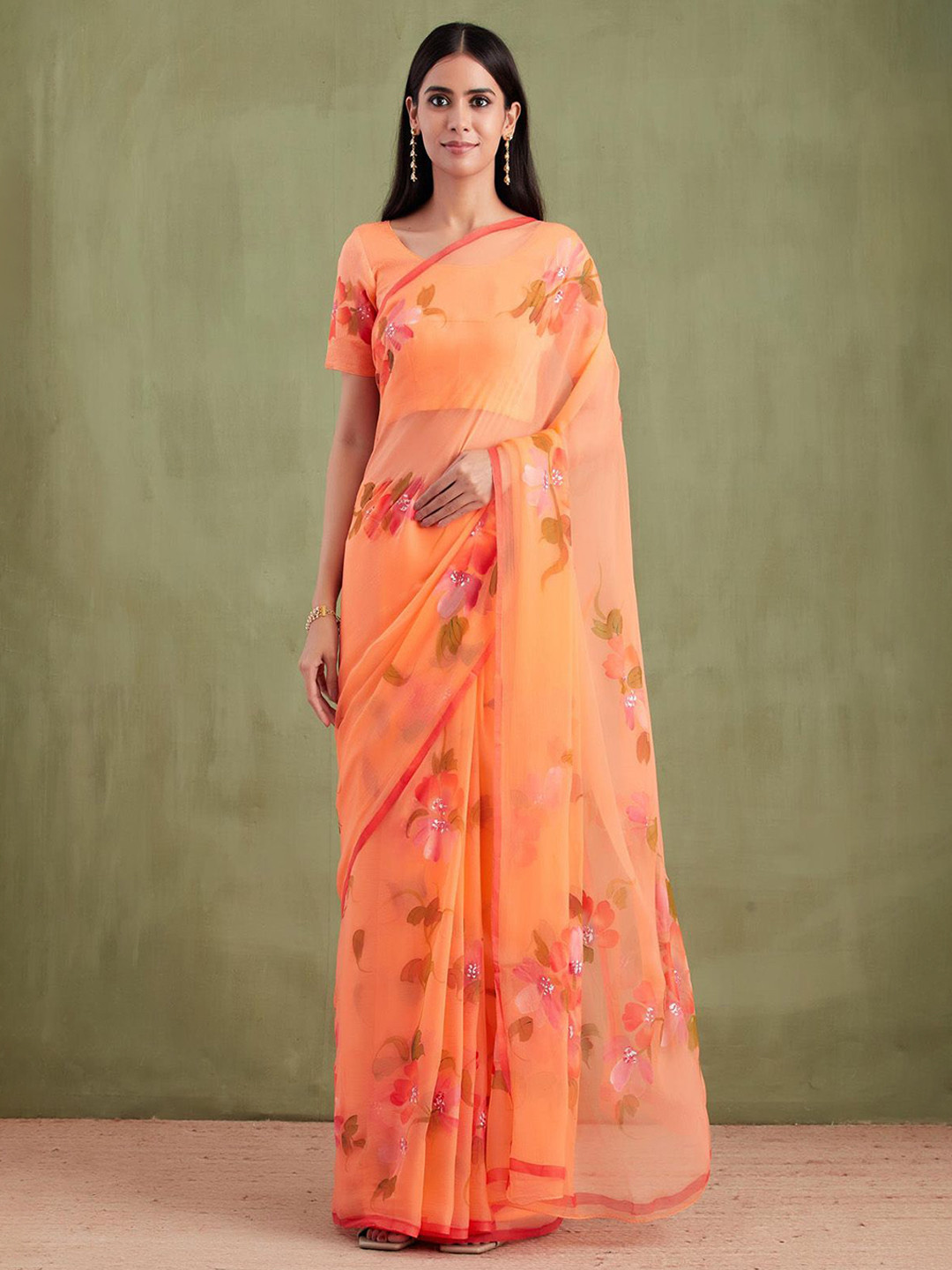 Geroo Jaipur Orange Hand Painted Chiffon Saree