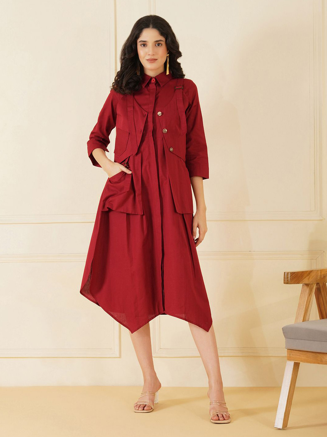 Stitchinc Solid A-Line Shirt Collar neck Three-Quarter Sleeves High-Low hemline Midi Dress