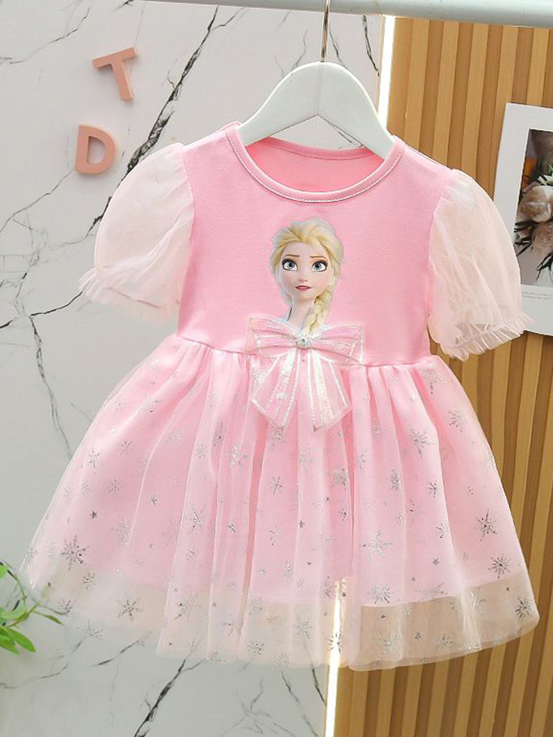 YK Girls Cotton Tulle Printed Puff Sleeve Fit & Flare Dress