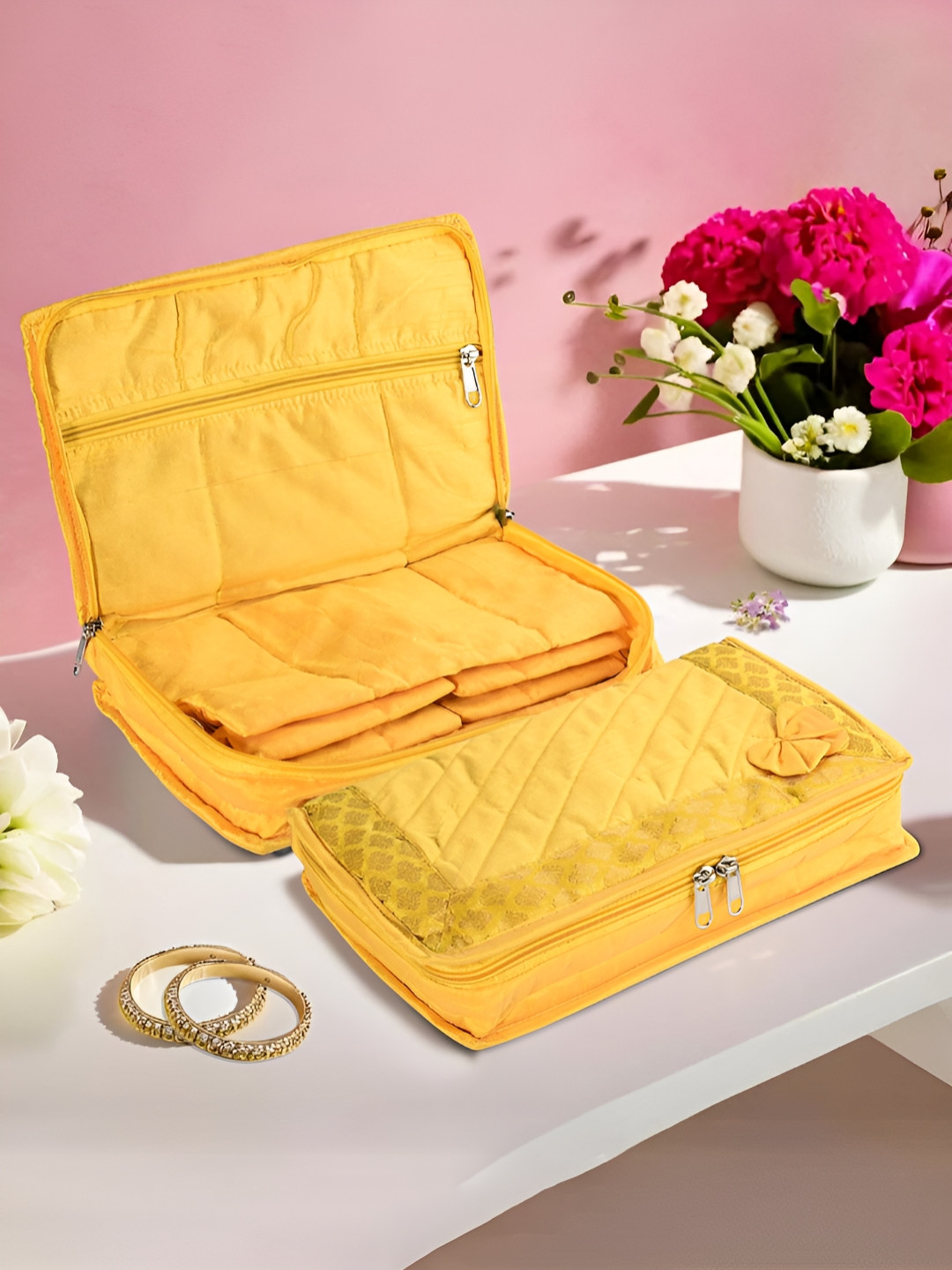 Aura Yellow and Gold-Toned 2 Pieces Printed 7-Compartments Jewellery Organisers