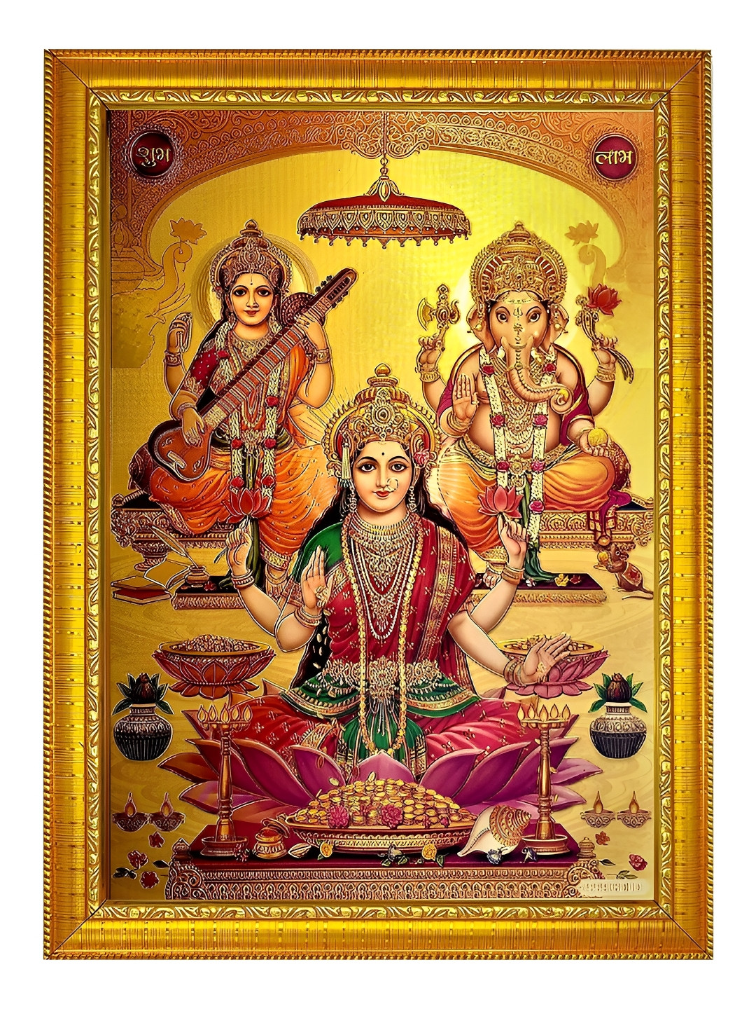 ADA Handicraft Gold-Toned & Green Lakshmi Saraswatiji & Ganeshji Wood Wall Photo Frames