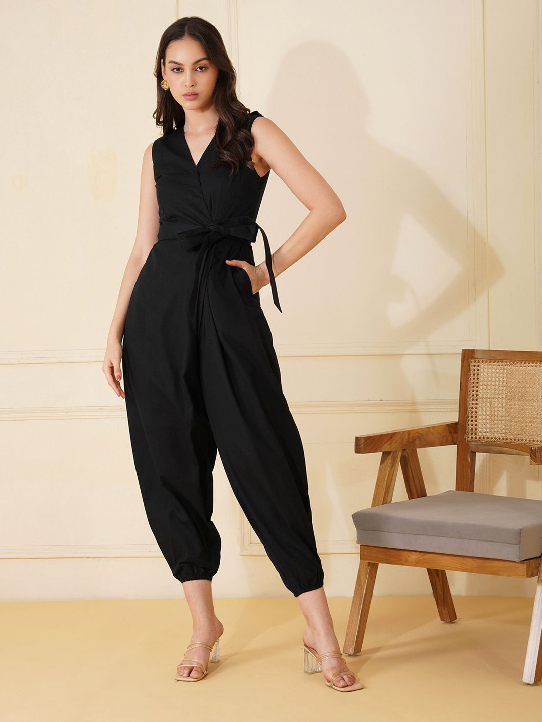 Stitchinc Overlay Black Linen Capri Jumpsuit