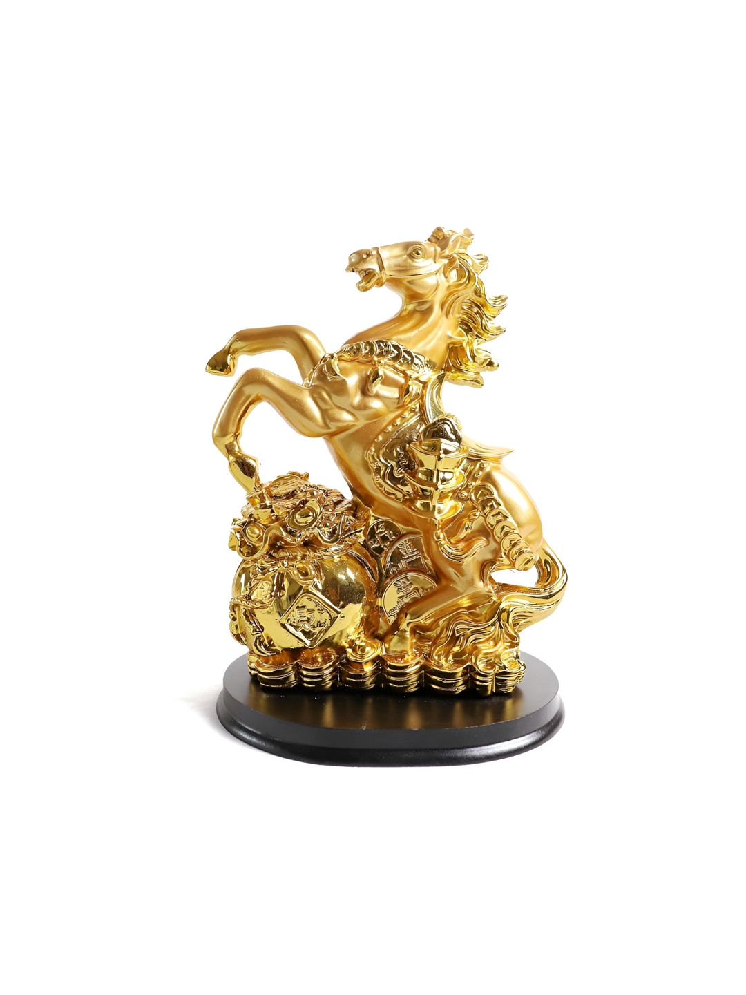 The Spiritual Living Horse on Sack of ingot and Coin Gold Polyresin Glossy Living Room Medium Showpiece - 8 Inches