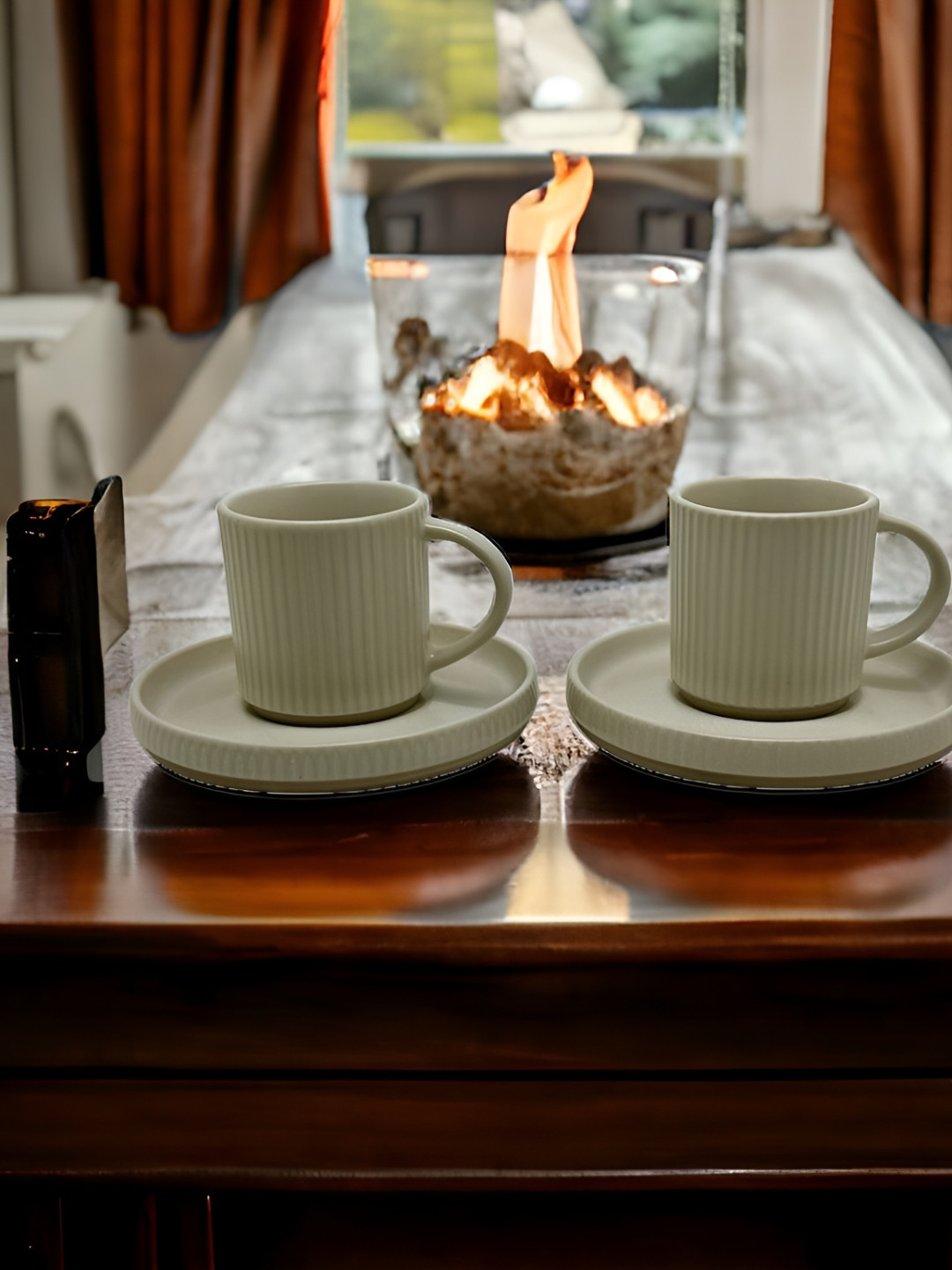 WAABI - SAABI Off White Textured Ceramic Microwave Safe 2 Piece Cups with Saucer-180ml