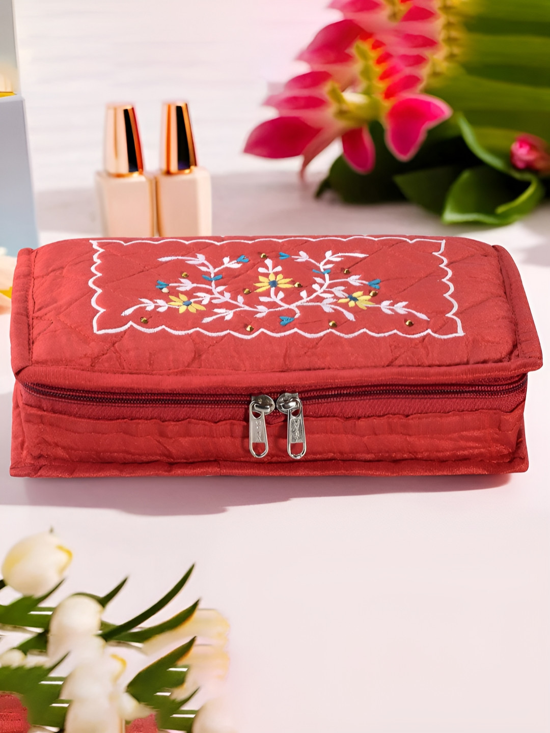 Aura Red and White Embroidered  7-Compartments Regular Jewellery Organisers
