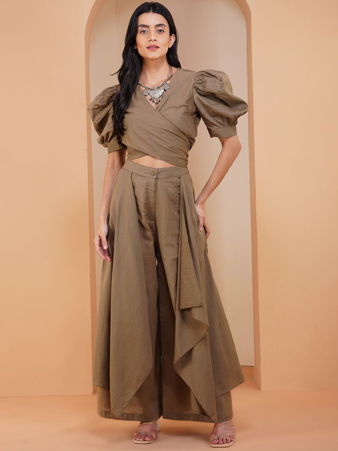 Stitchinc The Sailor Puff Sleeve Cotton Linen Top & Flare Palazzo