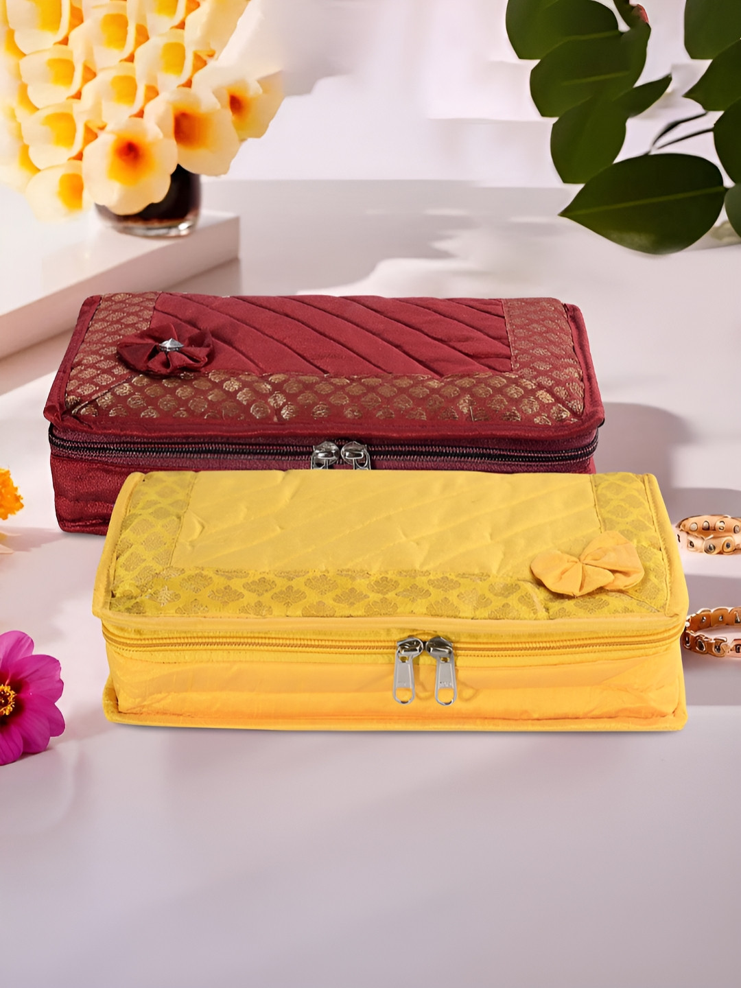 Aura Yellow and Maroon 2 Pieces Printed 7-Compartments Jewellery Organisers