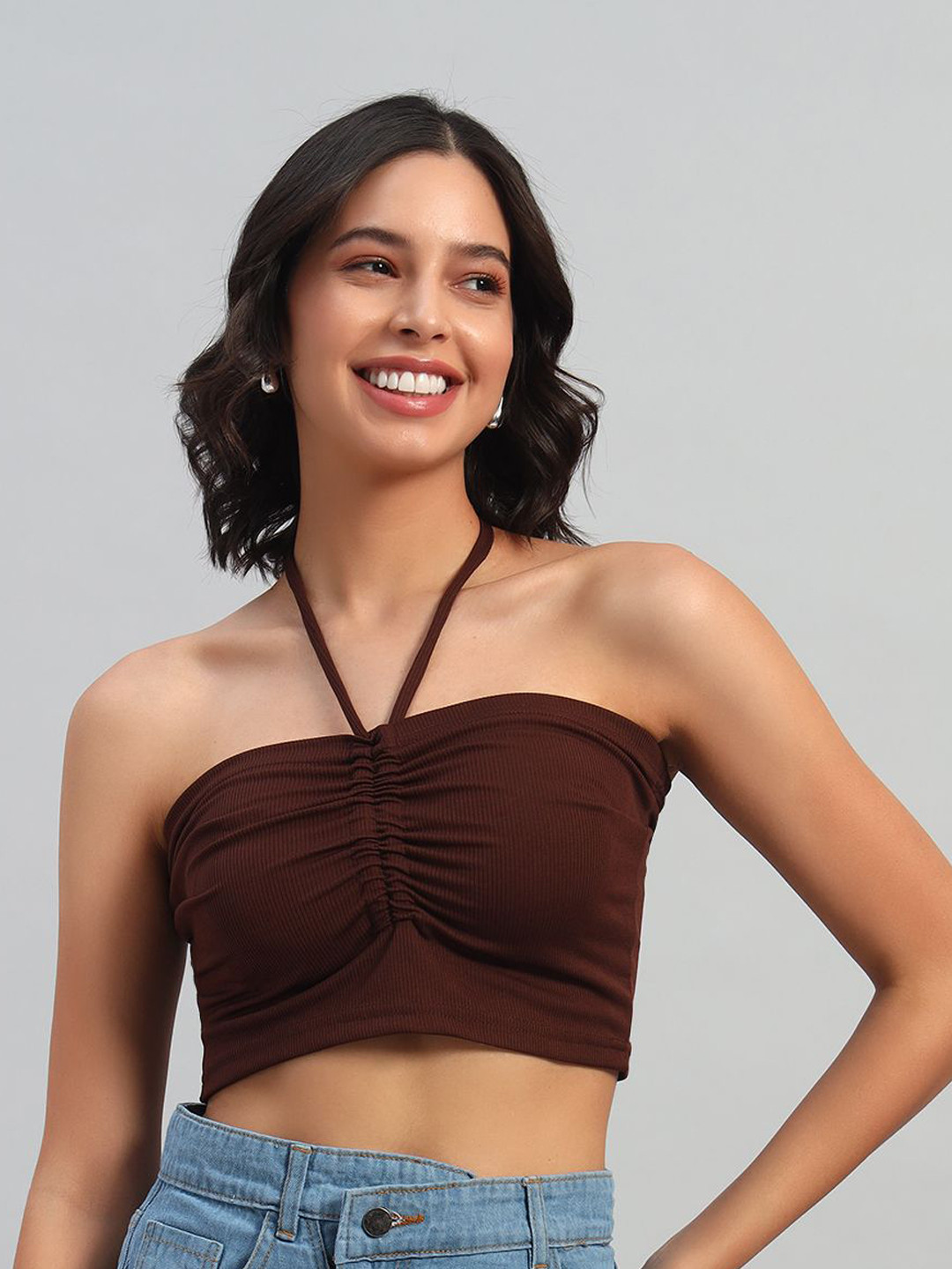 The Roadster Lifestyle Co. Women Solid Tube Halter Neck Crop Top With Tie-Ups