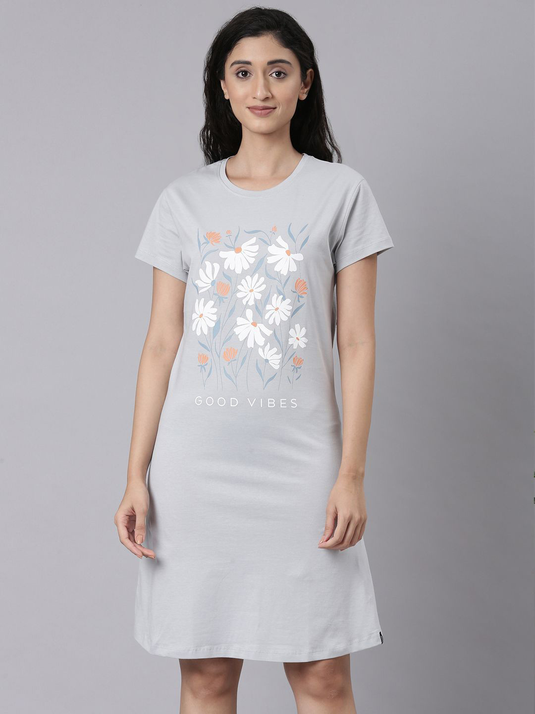 TWIN BIRDS Women Cotton Printed Light Grey Lounge Wear Long Tee T-shirt Nightdress