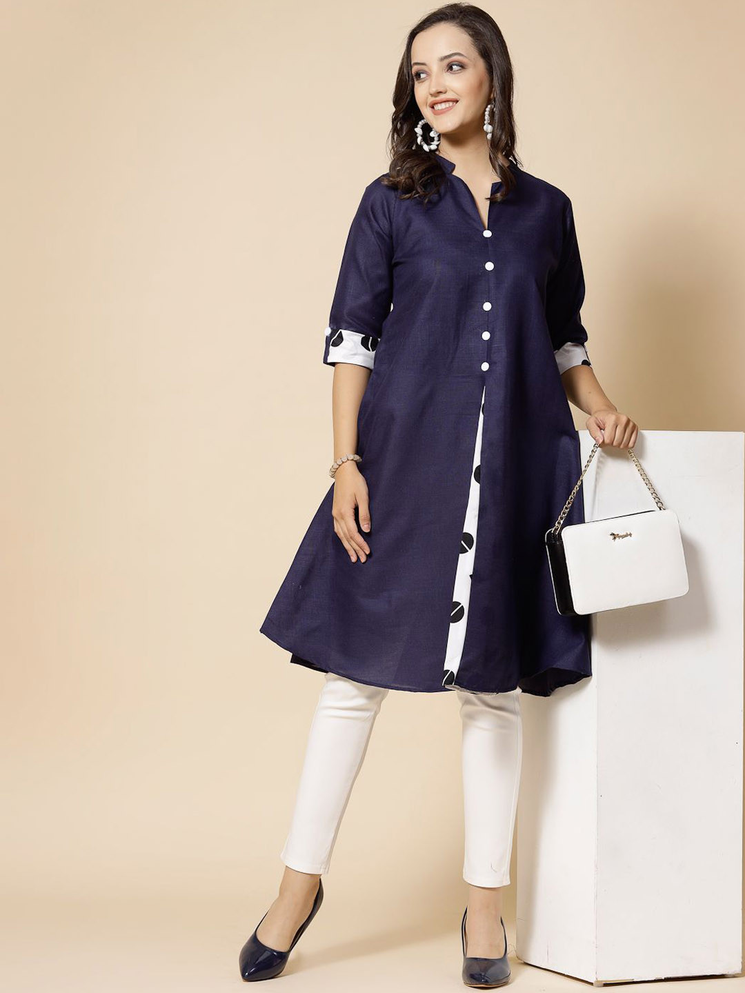 Moda Rapido Roll-Up Sleeves Mandarin Collar A-Line Kurta
