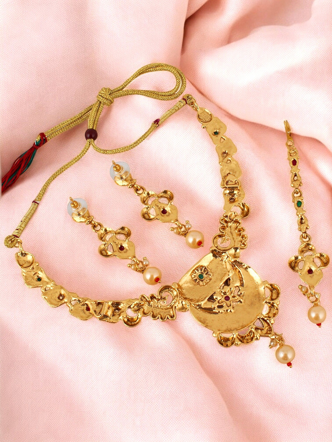 LUCKY JEWELLERY Gold-Plated Artificial Stone Studded & Beaded Peacock Design Jewellery Set