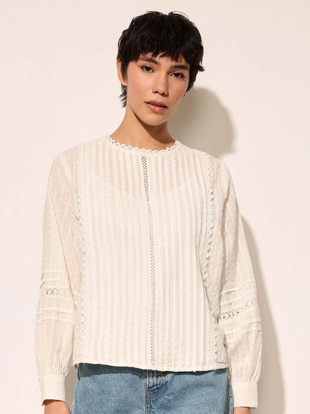ONLY Women Self Design Bohemian Pure Cotton Blouson Top