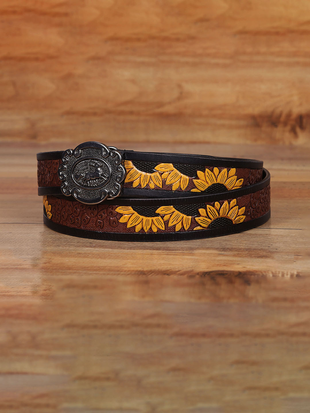 Celtic Unisex Yellow Printed Leather Belt with Push Pin Closure