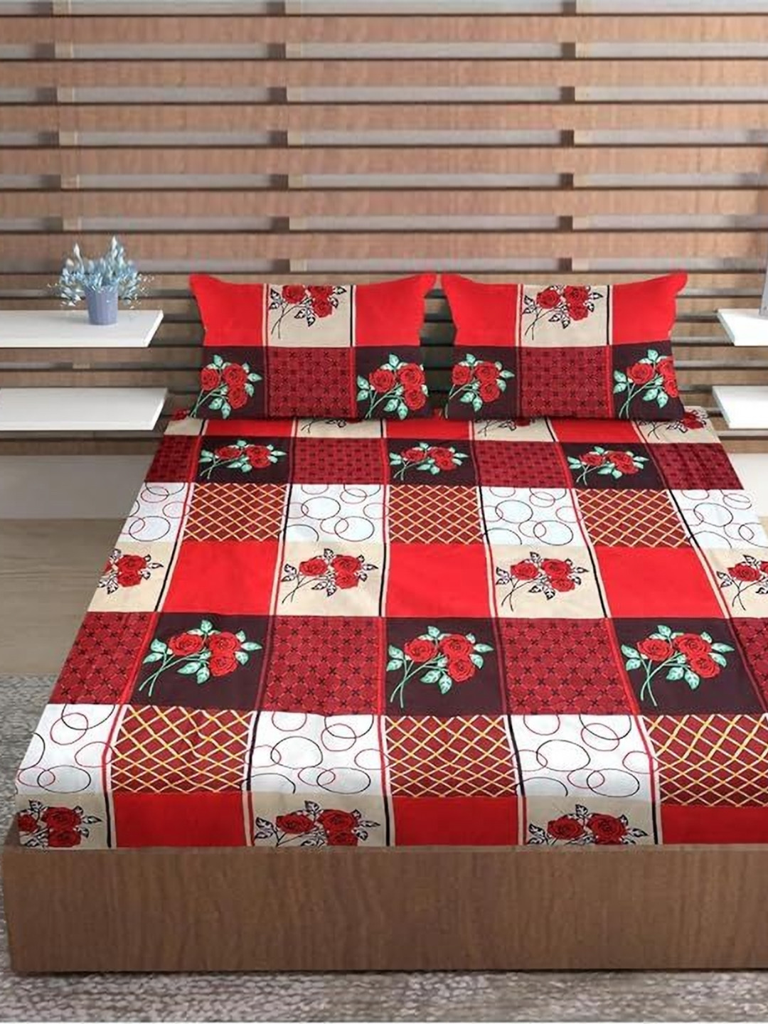 METRO LIVING Red Floral Microfiber 130 TC Queen Bedsheet with 2 Pillow Covers-93 x 83 inches