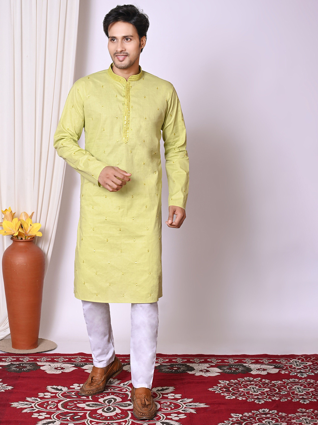 AHLAN APPARELS Embroidered Sequinned Mandarin Collar Pure Cotton Kurta With Pyjamas