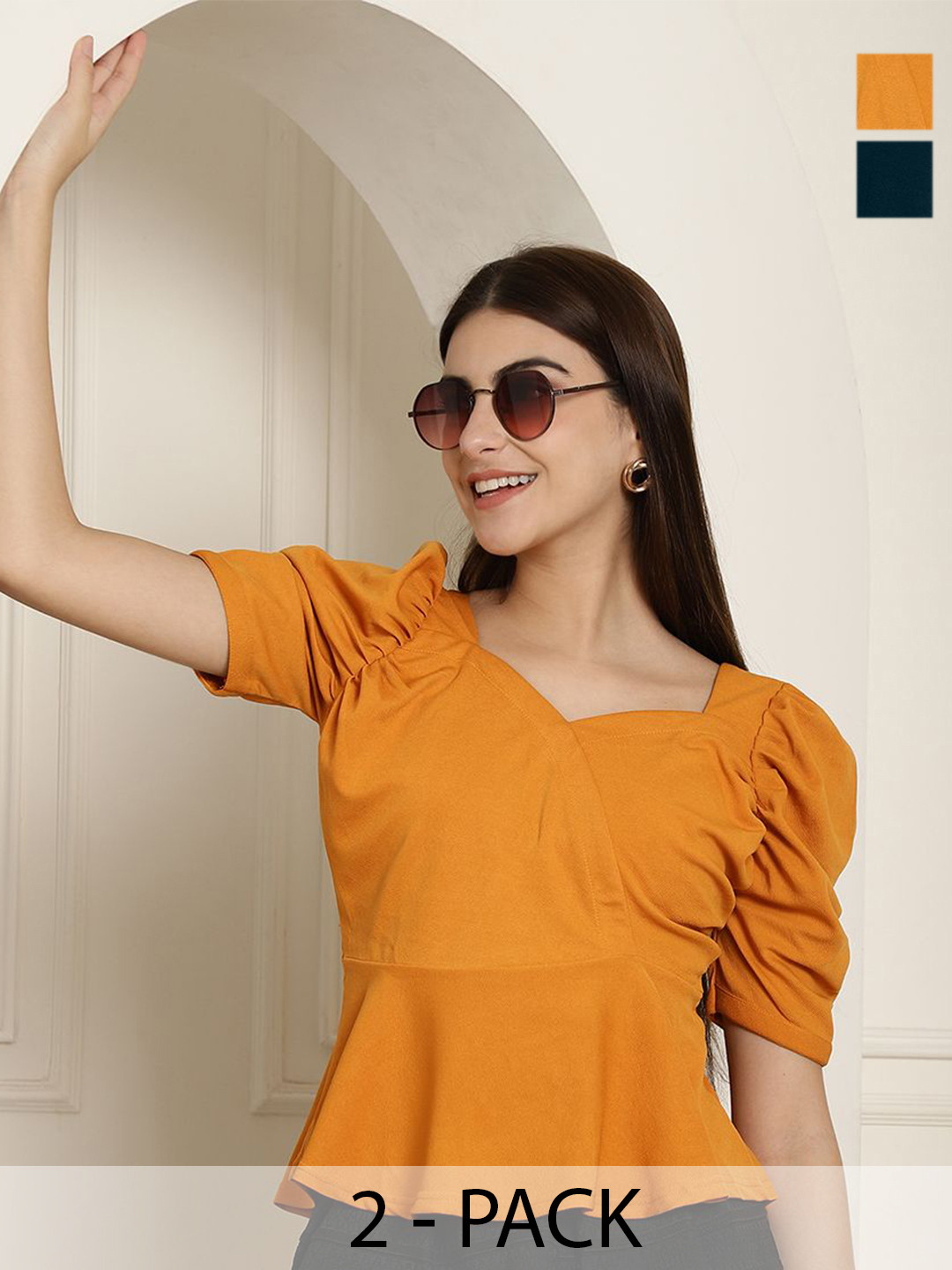 Tromko Women Pack Of 2 Sweetheart Neck Puff Sleeve Empire Top