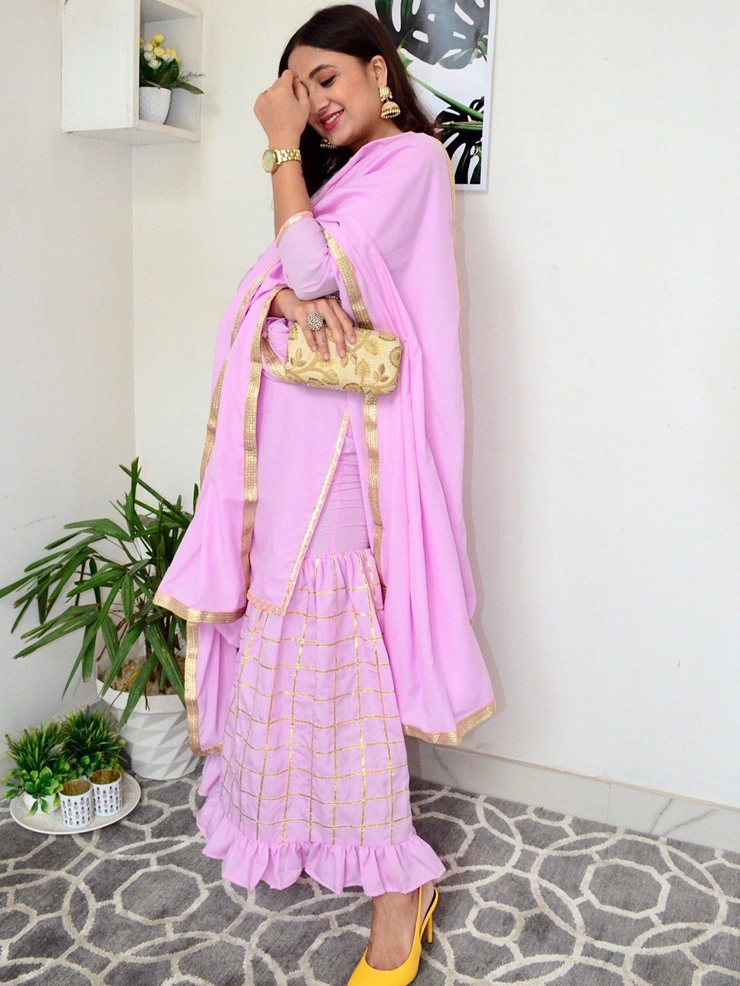 Thread & Button Keyhole Neck Straight Kurta With Sharara & Dupatta
