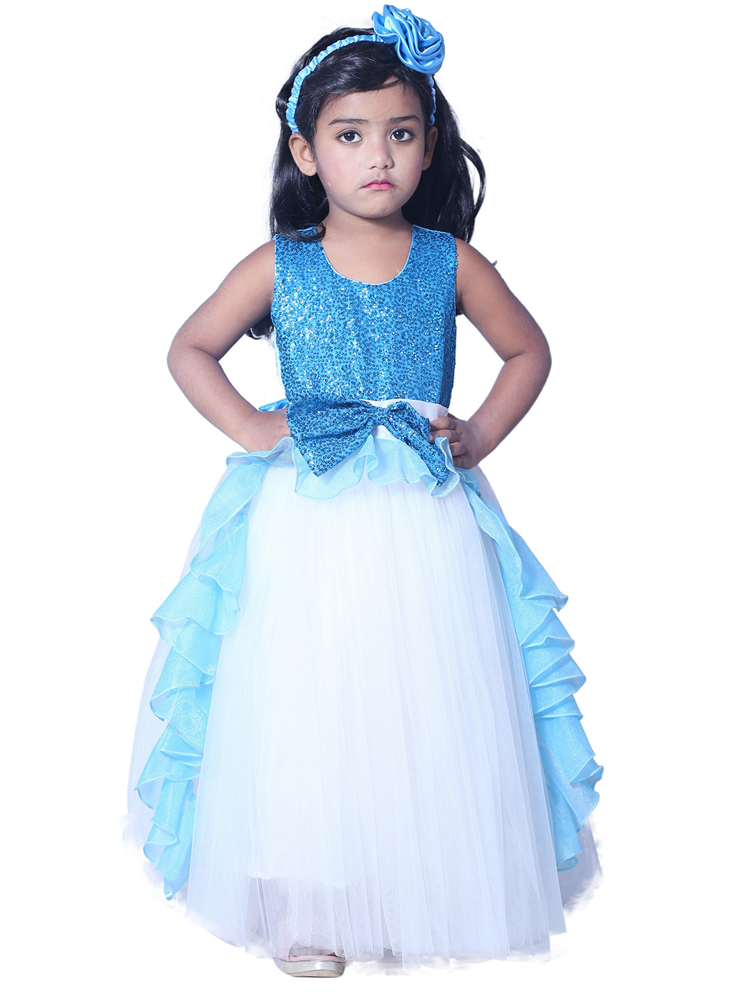 Wow Princess Sequined Bow Belted Ruffles Tulle Gown Maxi Dress