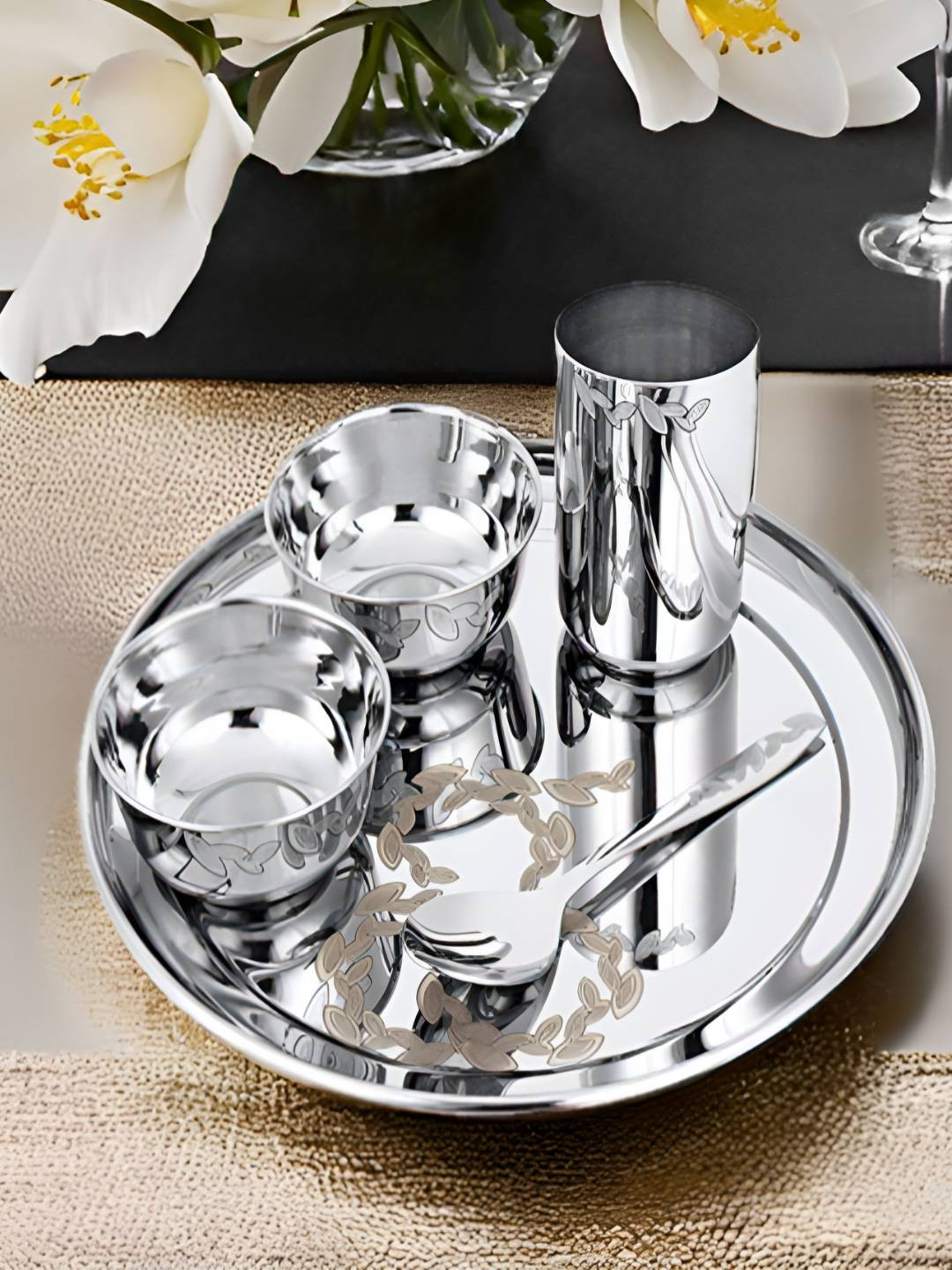 FNS Motif Silver Floral Stainless Steel Dishwasher Safe 5 Piece Dinner Set