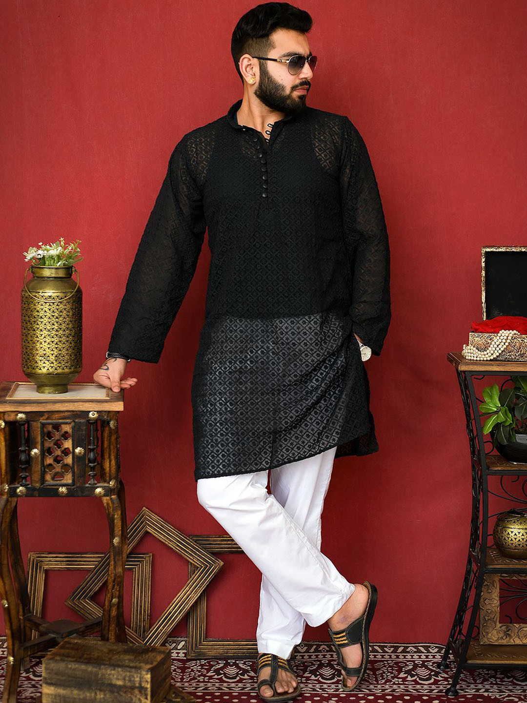 Echo Ethnic Floral Embroidered Mandarin Collar Chikankari Straight Kurta