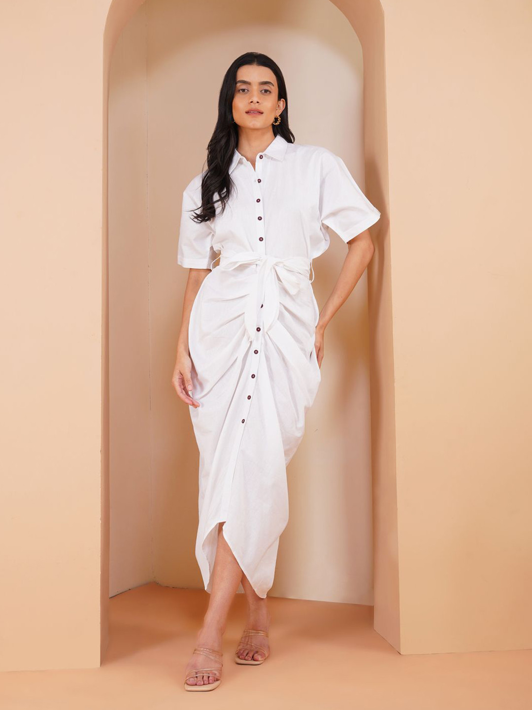 Stitchinc Women White Long Shirt Dress With Belt And Drapes Detail In The Bottom