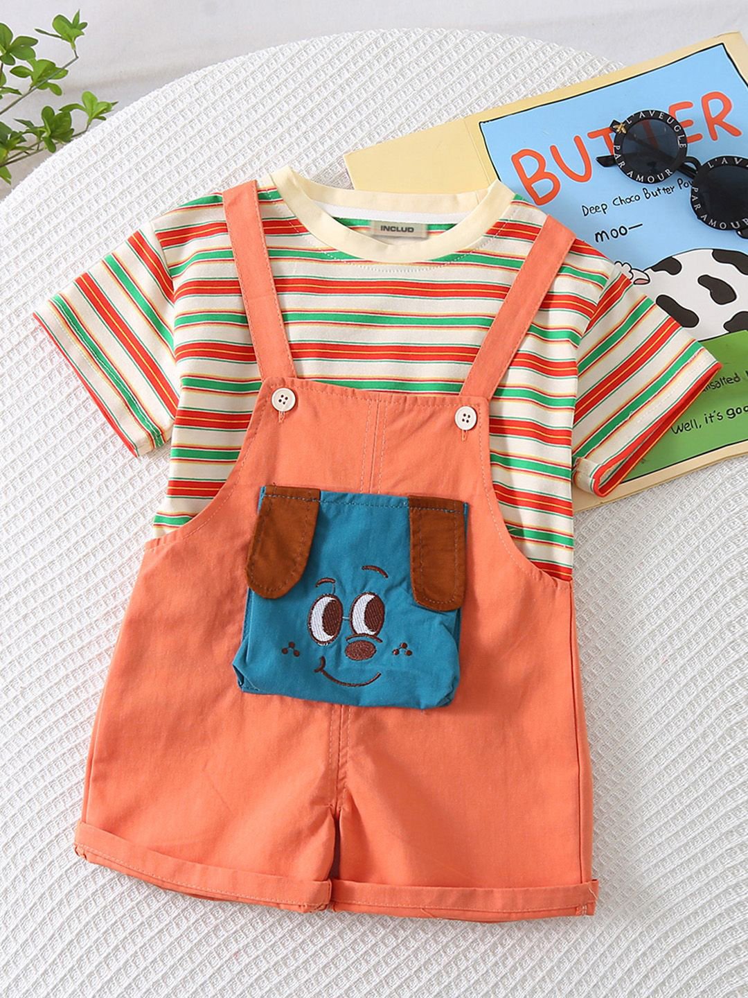 INCLUD Boys Striped T-shirt With Puppy Patch Dungaree Set