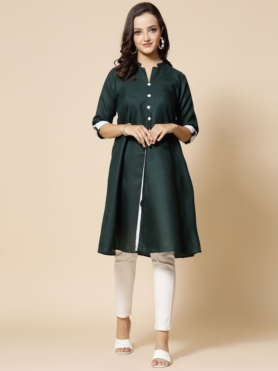 Moda Rapido Roll-Up Sleeves Mandarin Collar A-Line Kurta