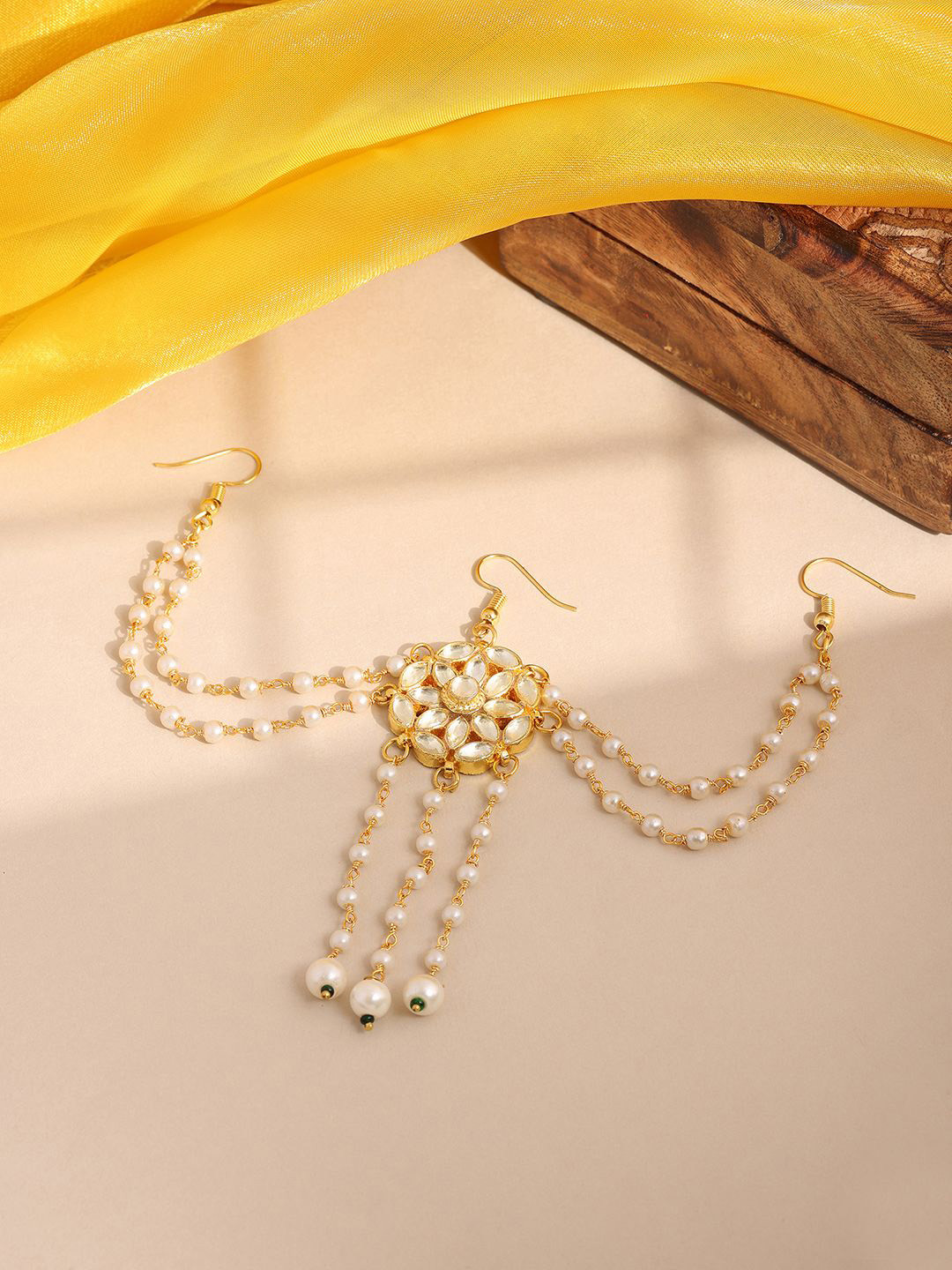 Ruby Raang Gold-Plated Kundan Studded Pearls Beaded Bun Pin Head Jewellery