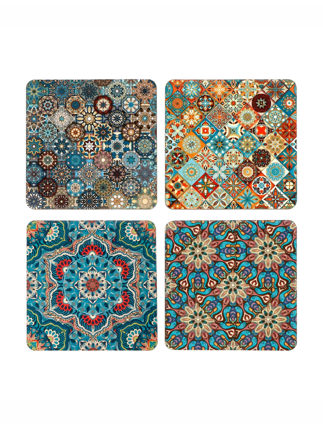 DULI 4-Pcs Blue & Yellow Printed Square Dining Table Coasters
