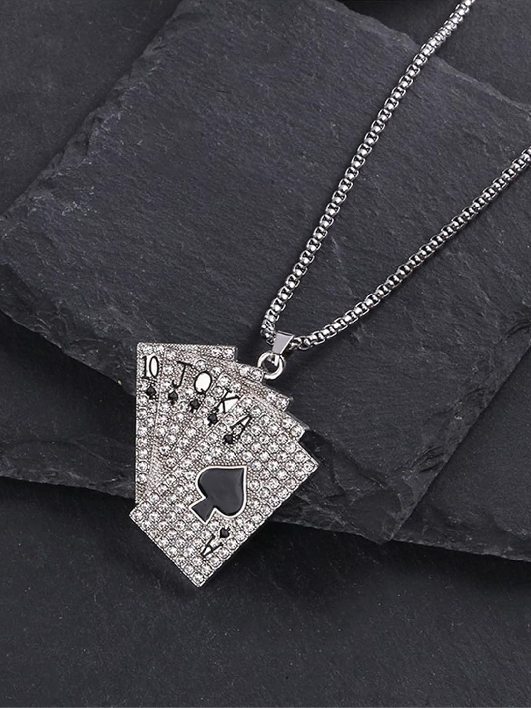 KRENOZ Men Stainless Steel Silver-Plated Rhinestones Playing Card Pendant With Chain